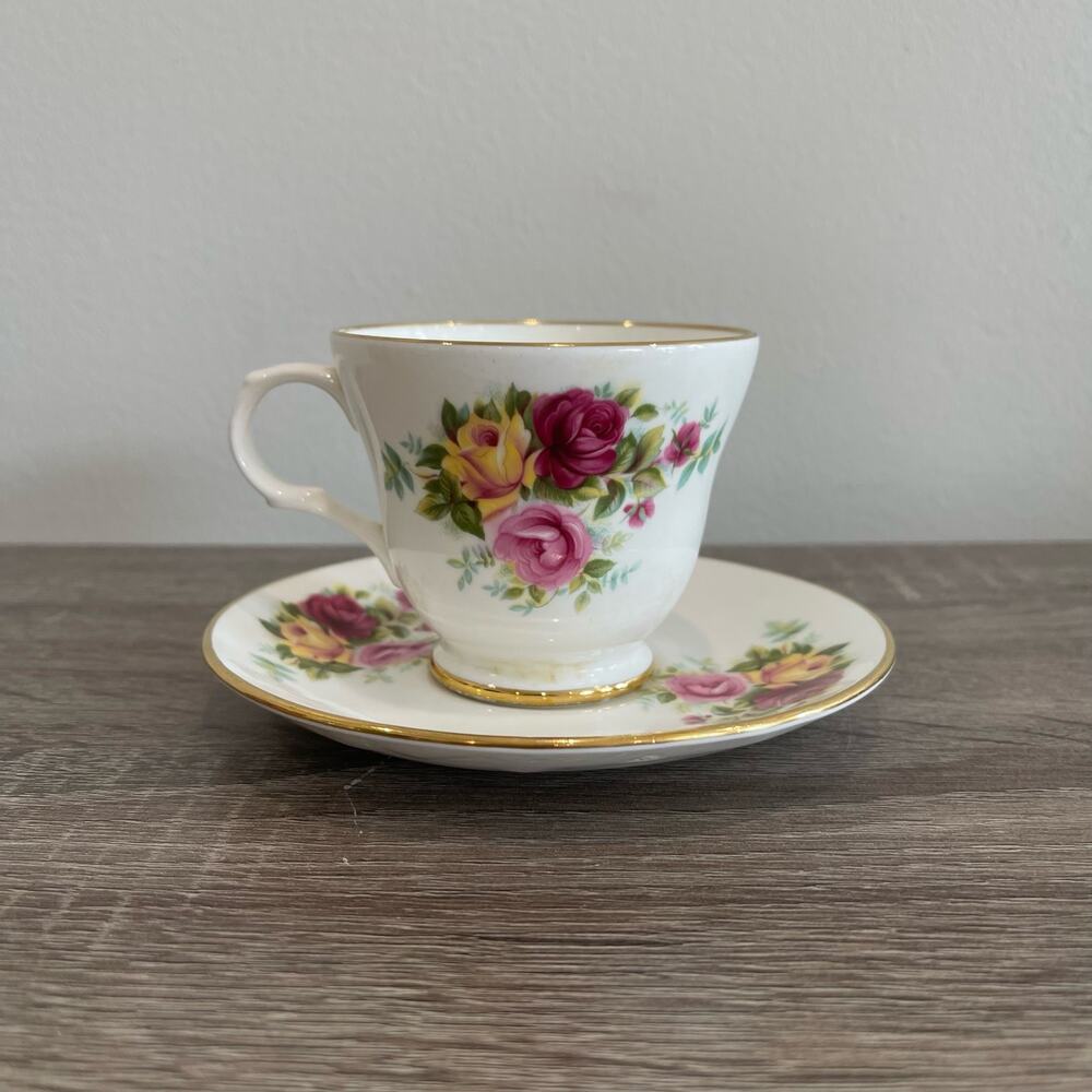 Vintage Drayton International England Floral Rose Tea Cup Saucer Gold Trim